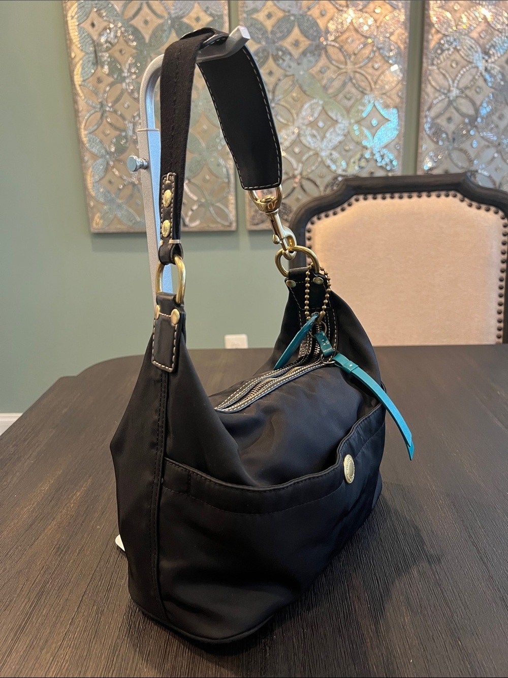 Y2K Coach Hampton Black Hobo Shoulder Bag with Teal Lining